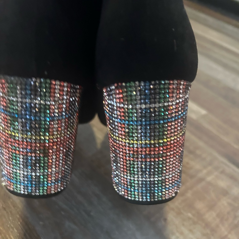 50%offw❤️Betsy Johnson Barrette BLACK MULTI suede boot BOOTIE rhinestone heels - Picture 4 of 7